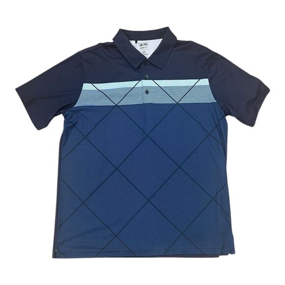 Adidas Navy Blue Argyle Stripe Climacool Gold Polo Shirt XL - Picture 1 of 5